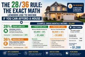 Mortgage affordability infographic explaining the 28/36 rule with a house image and $5,000 monthly income example.