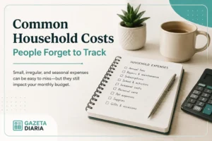 Notebook checklist of common household expenses with calculator, coffee cup, and plant on a clean desktop.